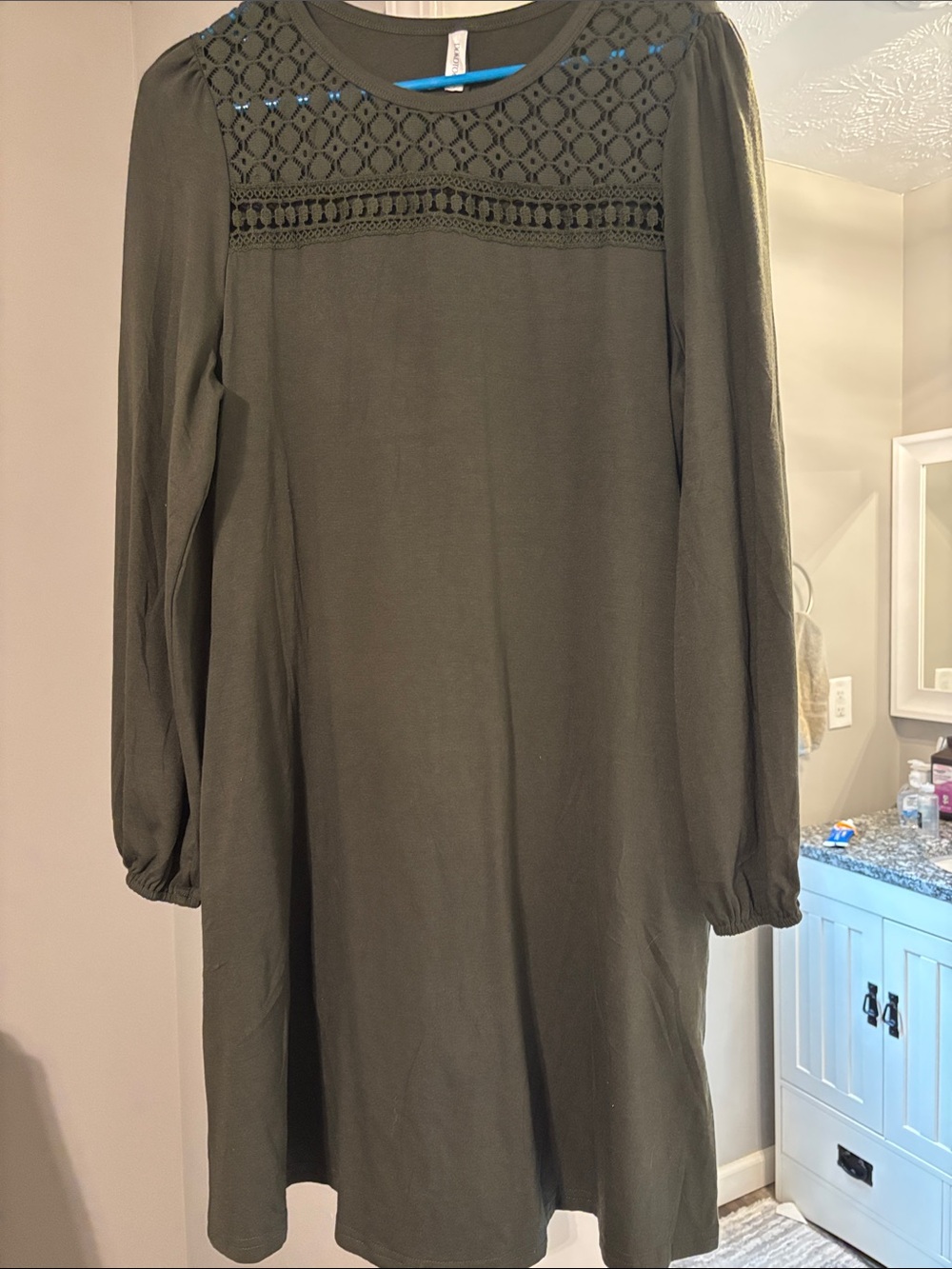 Long Sleeve Olive Crochet Yoke Women's Dress